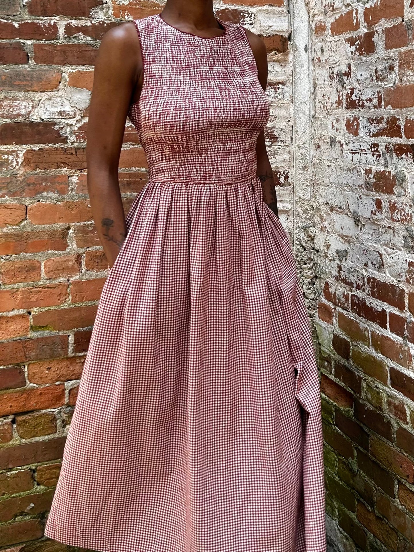Smocked Open Back Gingham Dress in Red Wine