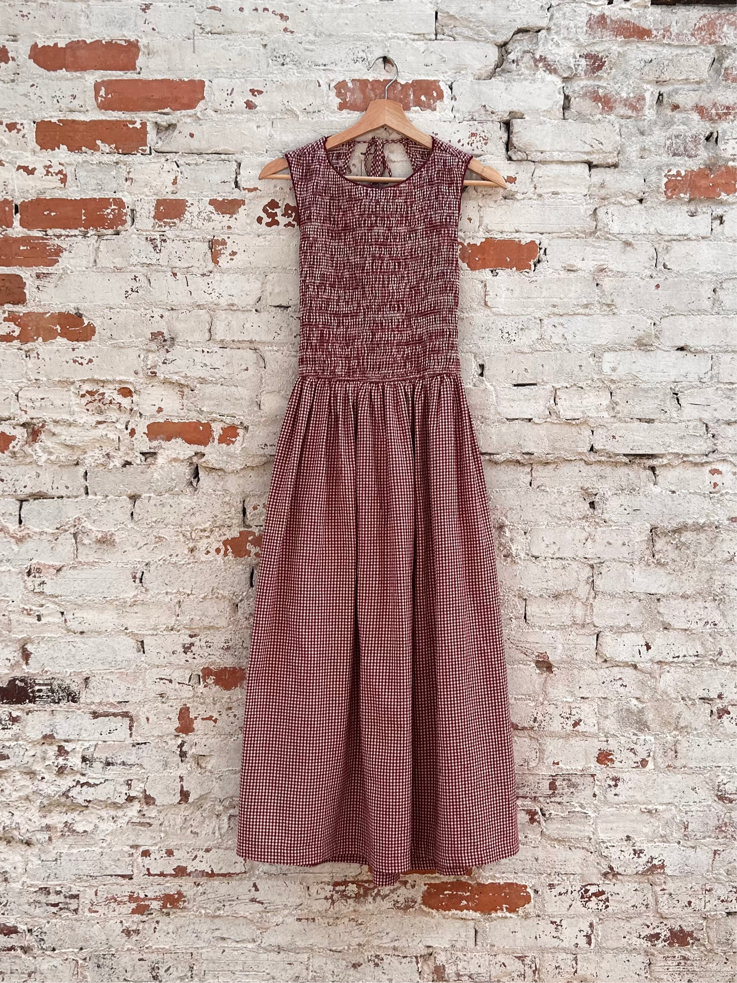 Smocked Open Back Gingham Dress in Red Wine