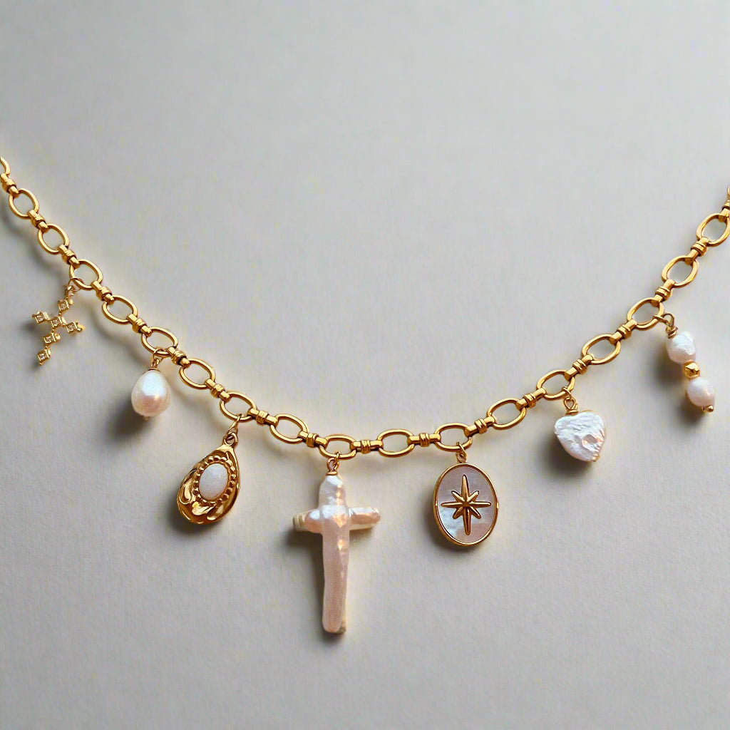 Gold + Pearl Cross Charm Necklace