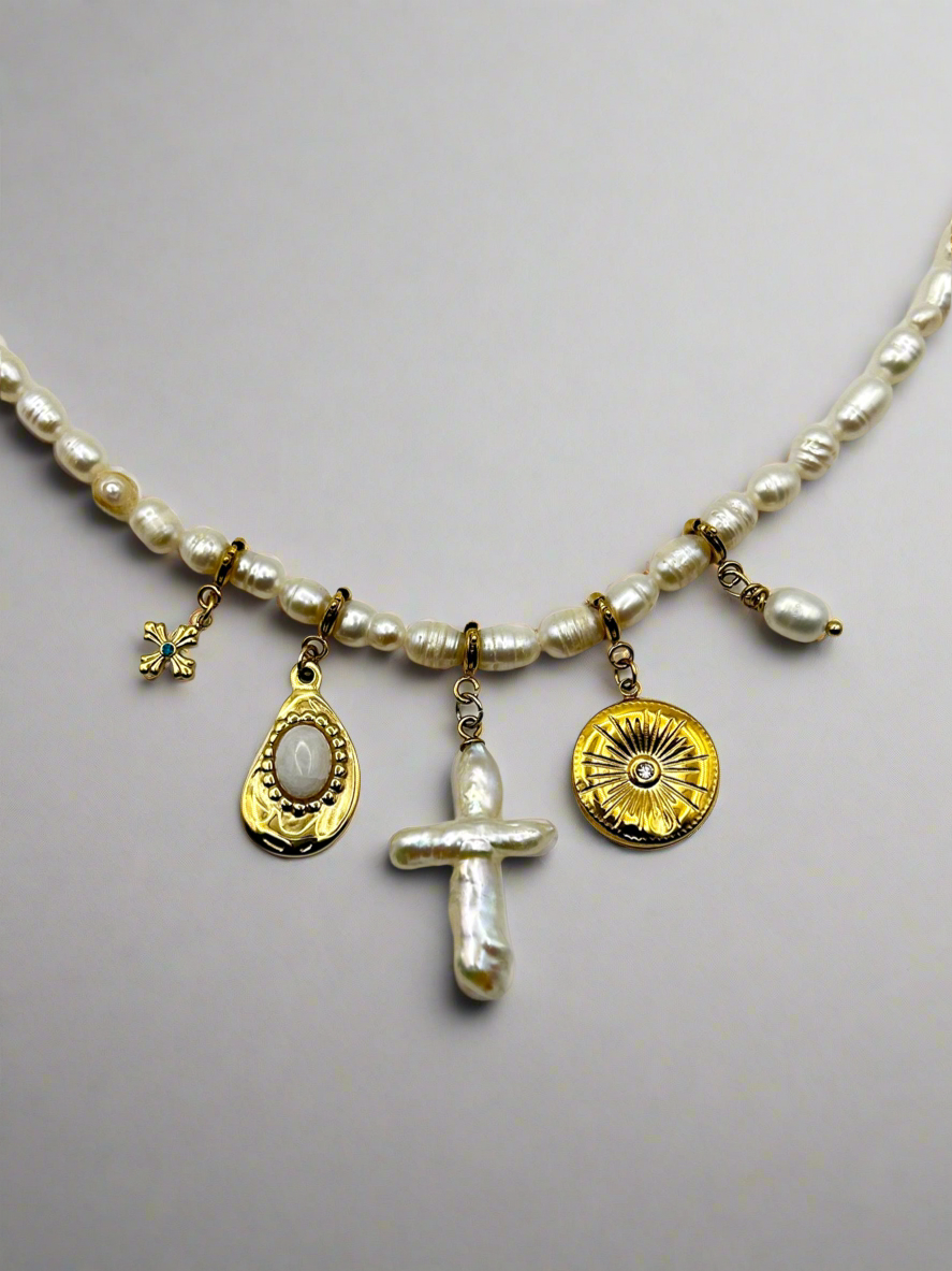 Fresh Water Pearl Cross Charm Necklace