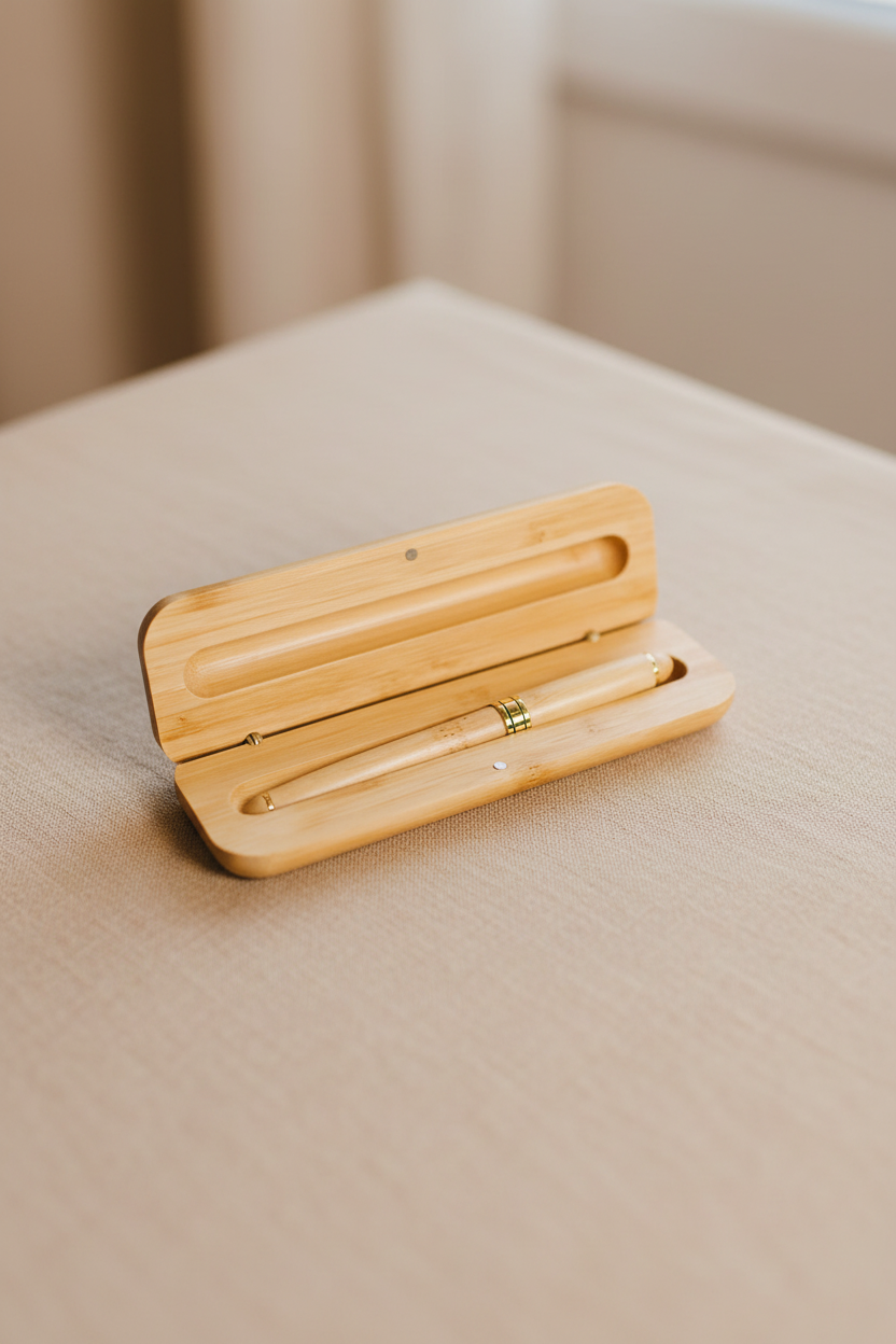 A slim bamboo pen with a gold band, resting inside an open matching bamboo case on a beige textured surface.
Write in style with this elegant bamboo pen, beautifully paired with a matching bamboo case for secure storage and gifting. Perfect for everyday use or as a thoughtful, eco-friendly gift. ~~~ How to Use: Use the bamboo pen for smooth writing, and store it in the bamboo case when not in use to keep it protected and ready to go. ~~~~ Care Instructions: Wipe the pen and case with a dry or slightly damp