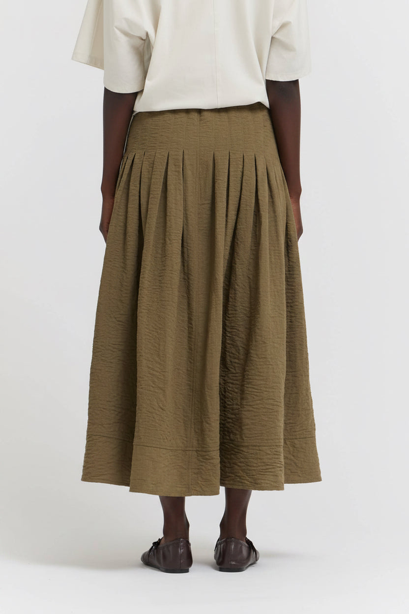 Green Pintuck Cotton-blend Skirt