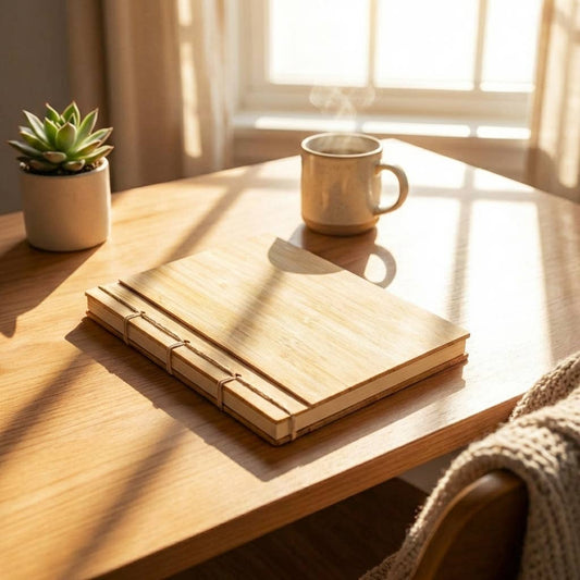 Wooden notebook and mug on a wooden table with a plant and sunlight streaming in
Bamboo notebook with a durable bamboo cover and unbleached, recycled paper pages.
Lightweight and sustainable.
An environmentally conscious alternative to traditional notebooks, reducing waste and promoting sustainability.
Materials: Bamboo
Dimensions: Length: 8.2 inches Width: 5.5 inches