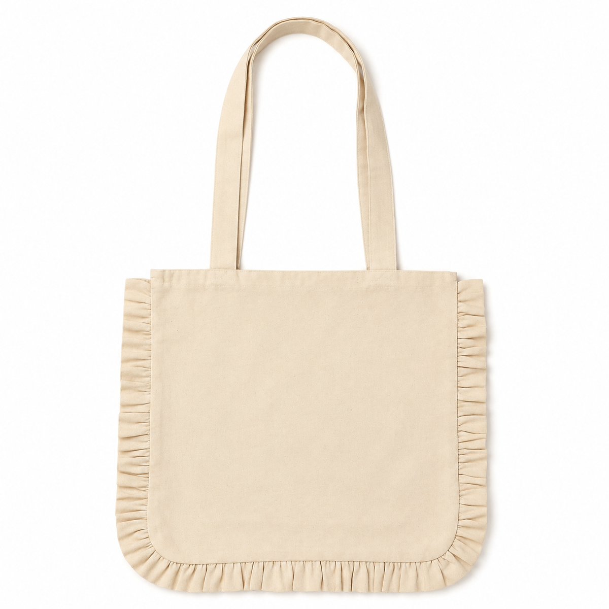 A light beige canvas tote bag with long shoulder straps and decorative ruffled trim along the bottom edge, shown against a plain white background.