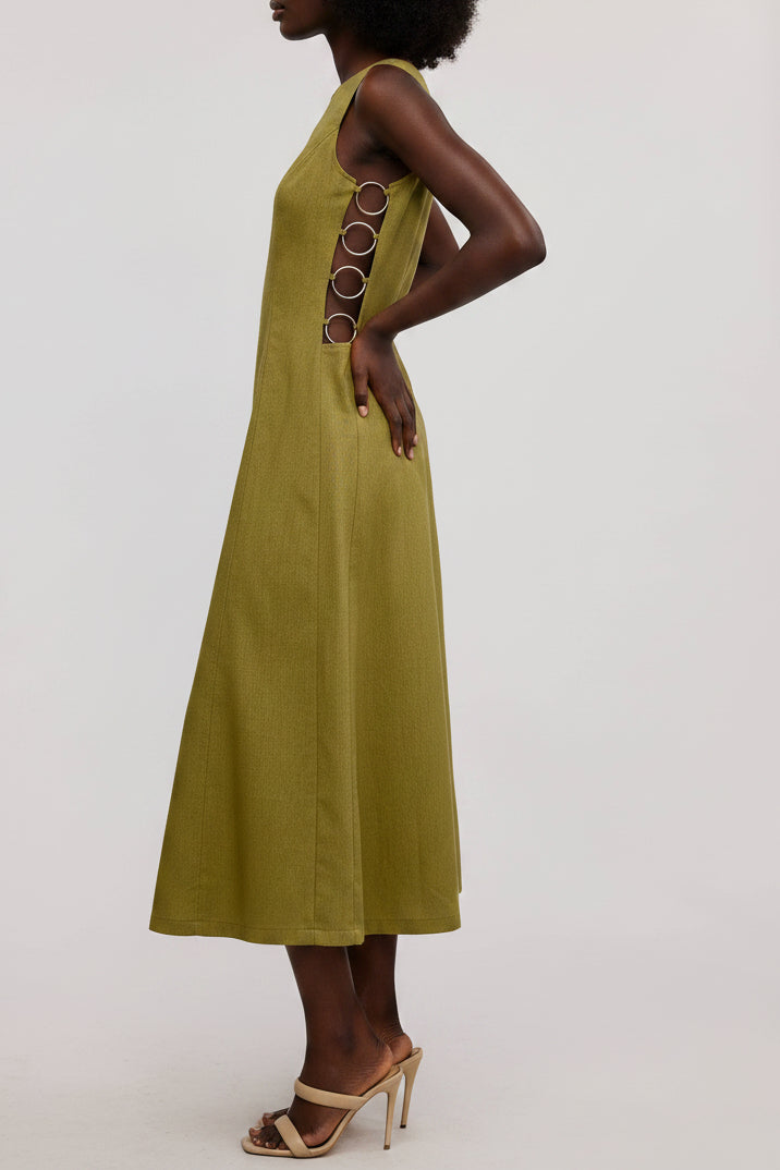 Linen Midi Dress with O-Ring Metal Accent Cut Out