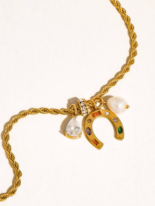 18K Gold Non-Tarnish Horseshoe Charm Necklace

18K Gold Plated Stainless Steel Pendant Size (inch): 0.79

Chain Length (inch): 17.7

Extension Length (inch): 2

Lead-free, Nickel-safe Hypoallergenic Water Resistant