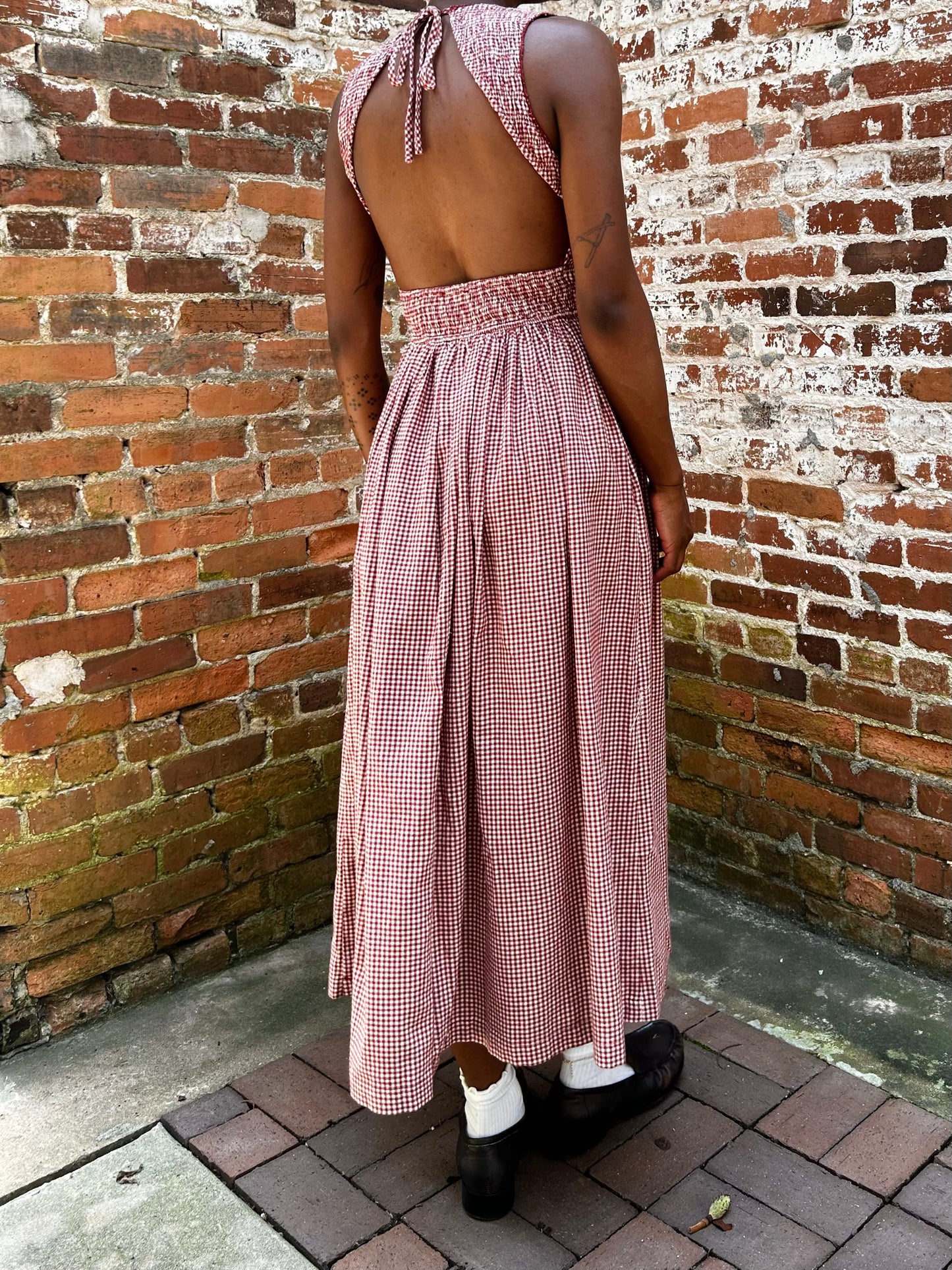 Smocked Open Back Gingham Dress in Red Wine