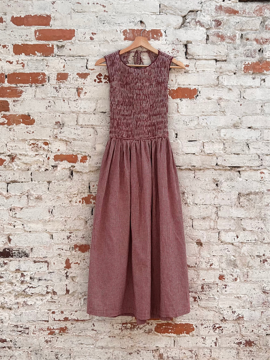 Smocked Open Back Gingham Dress in Red Wine