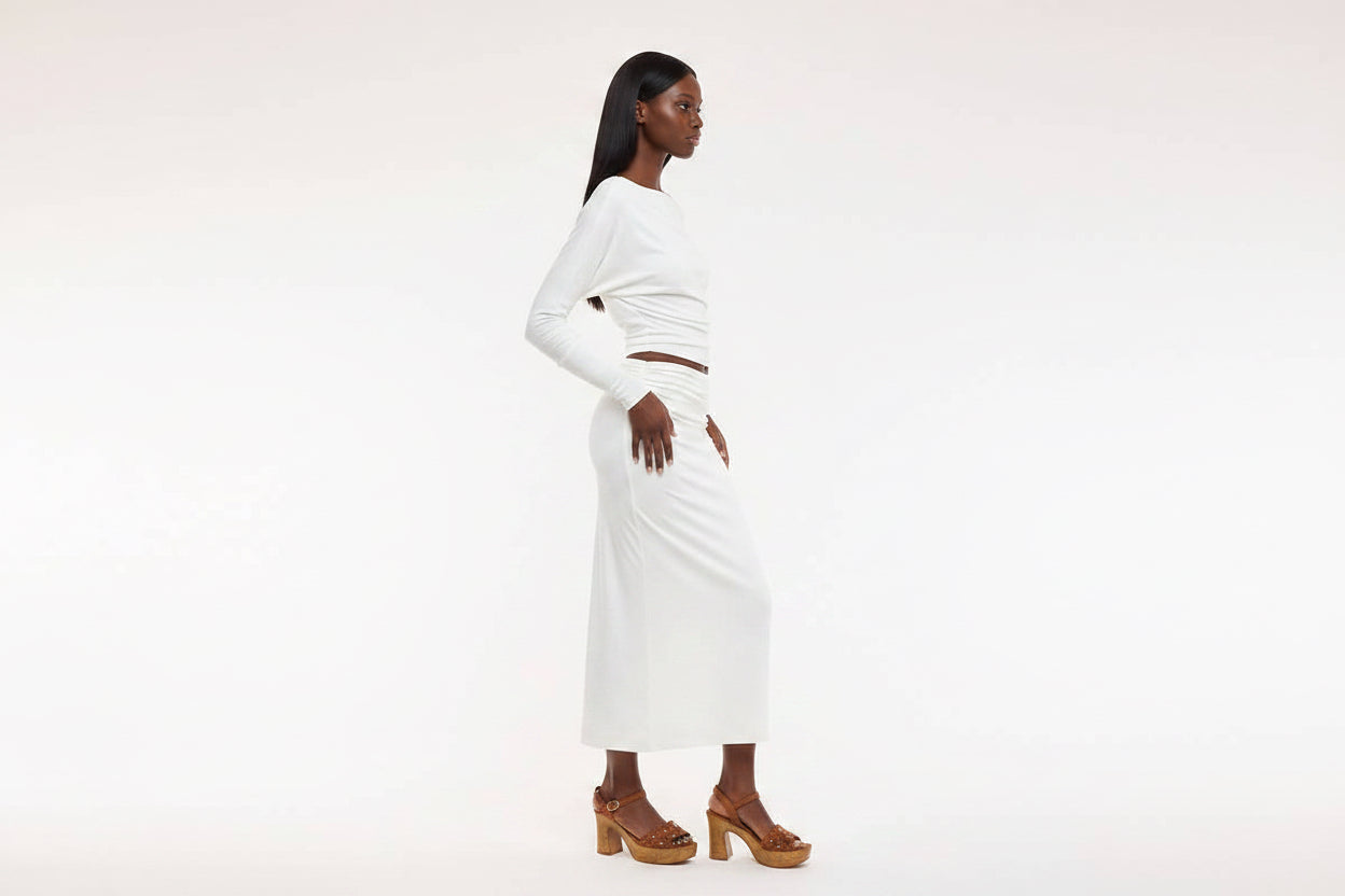 Asymmetric Shoulder Long Sleeve + Midi Skirt Set