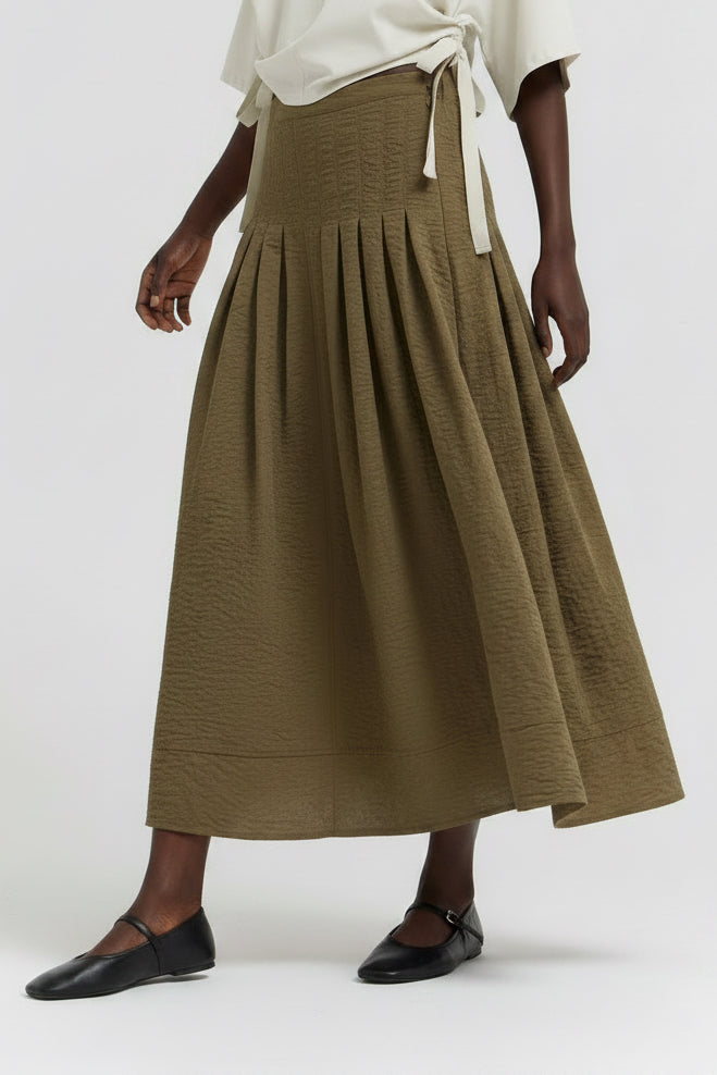 Green Pintuck Cotton-blend Skirt