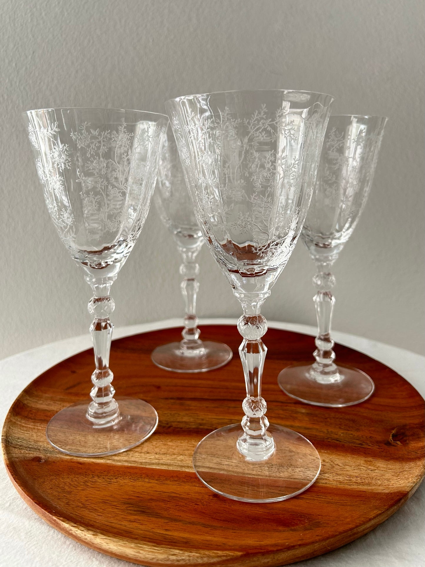 Floral Etched Crystal Stemmed Glasses