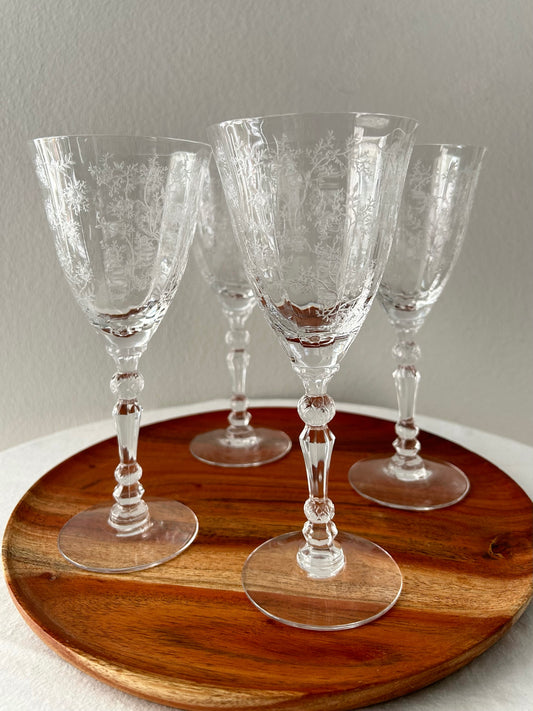 Floral Etched Crystal Stemmed Glasses
