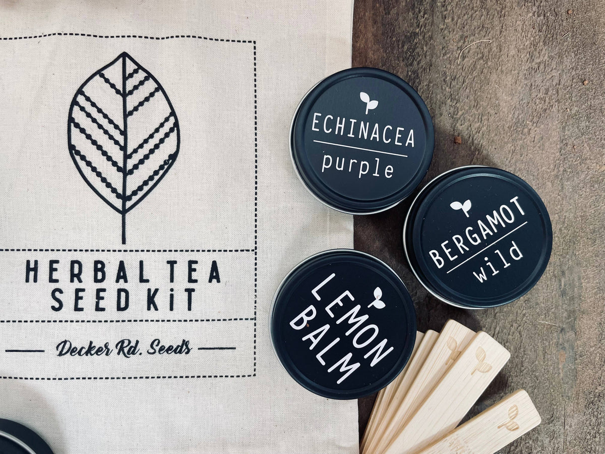 Herbal tea seed kit with labeled containers on a wooden surface