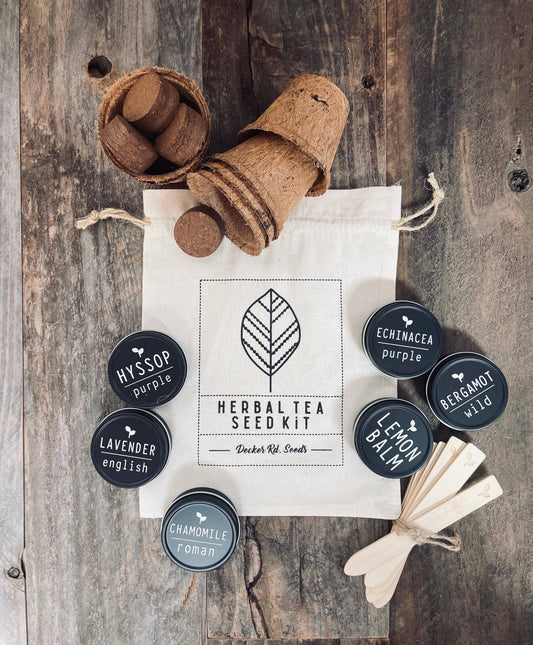 Herbal tea seed kit with labels on a wooden surface English Lavender • Wild Bergamot • Roman Chamomile • Hyssop • Lemon Balm • Echinacea