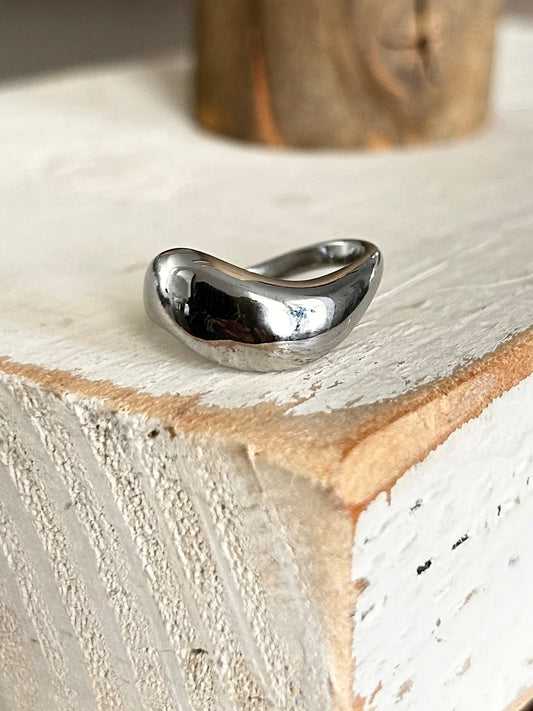 Silver ring on a textured stone surface Designed in California

Material: Stainless Steel&nbsp;

Size 7

Measurement: 0.682 Diameter/2.14 Circumference

Lead-free, Nickel-safe

Hypoallergenic

Water Resistant