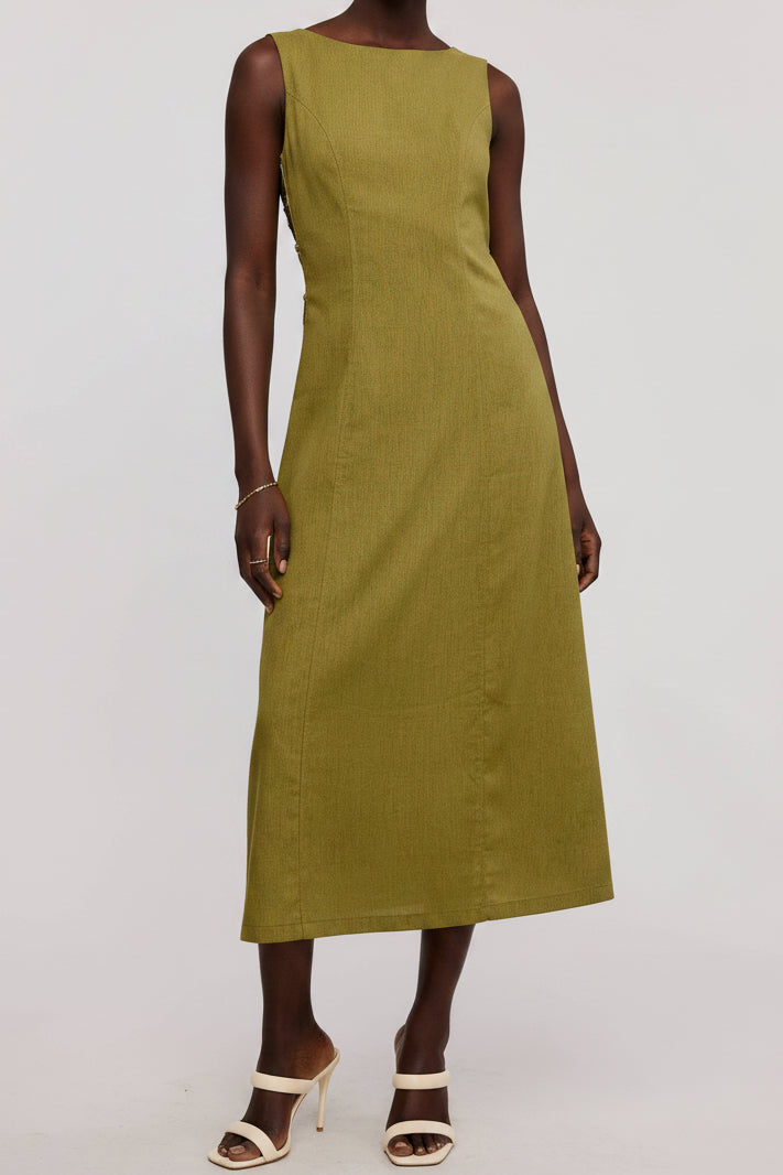 Linen Midi Dress with O-Ring Metal Accent Cut Out