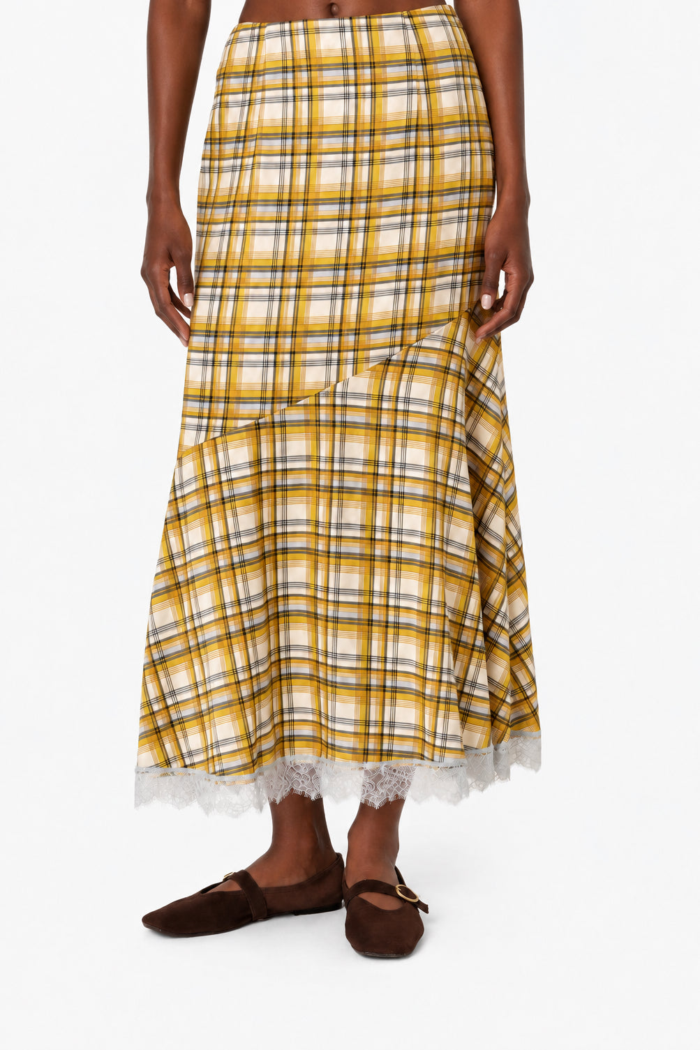 Yellow Plaid Asymetric Lace Trim Skirt