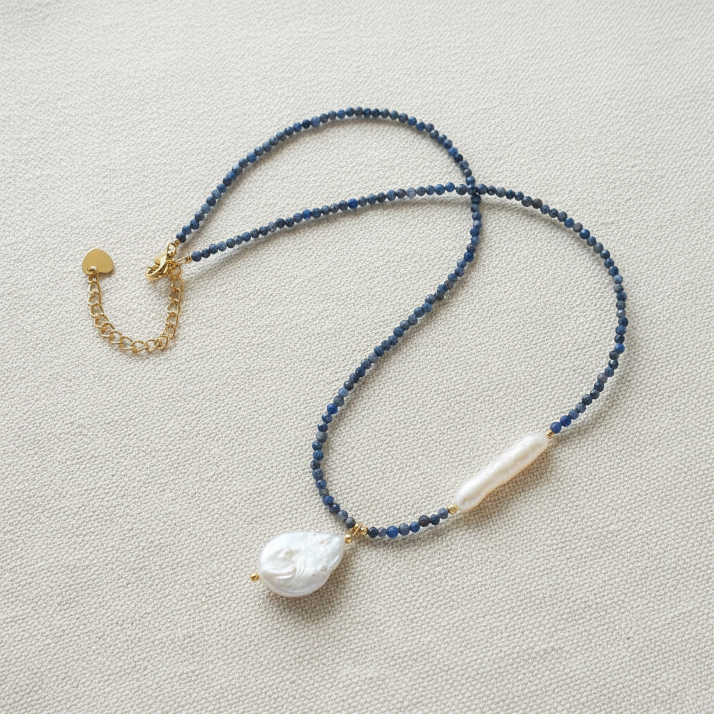 Blue Lapis Lazuli + Freshwater Pearl Pendant Necklace
