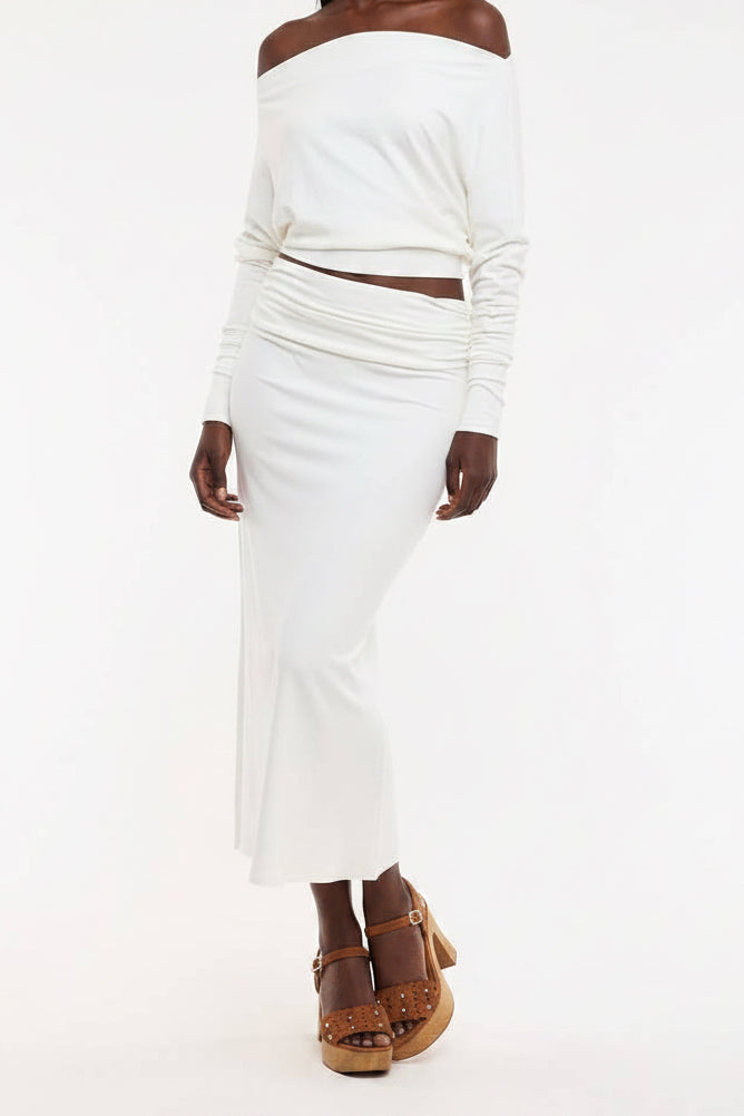 Asymmetric Shoulder Long Sleeve + Midi Skirt Set