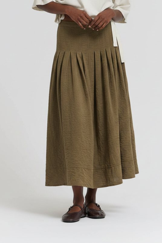 Green Pintuck Cotton-blend Skirt