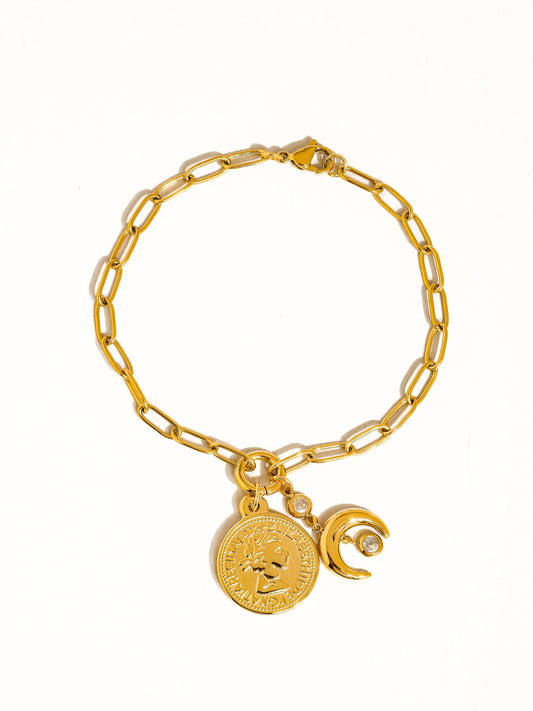 Bracelet 18K Gold Plating Stainless Steel Pendant Size-Coin (inch): 0.91 Chain Length (inch): 7.87 Lead-free, Nickel-safe Hypoallergenic Water Resistant
