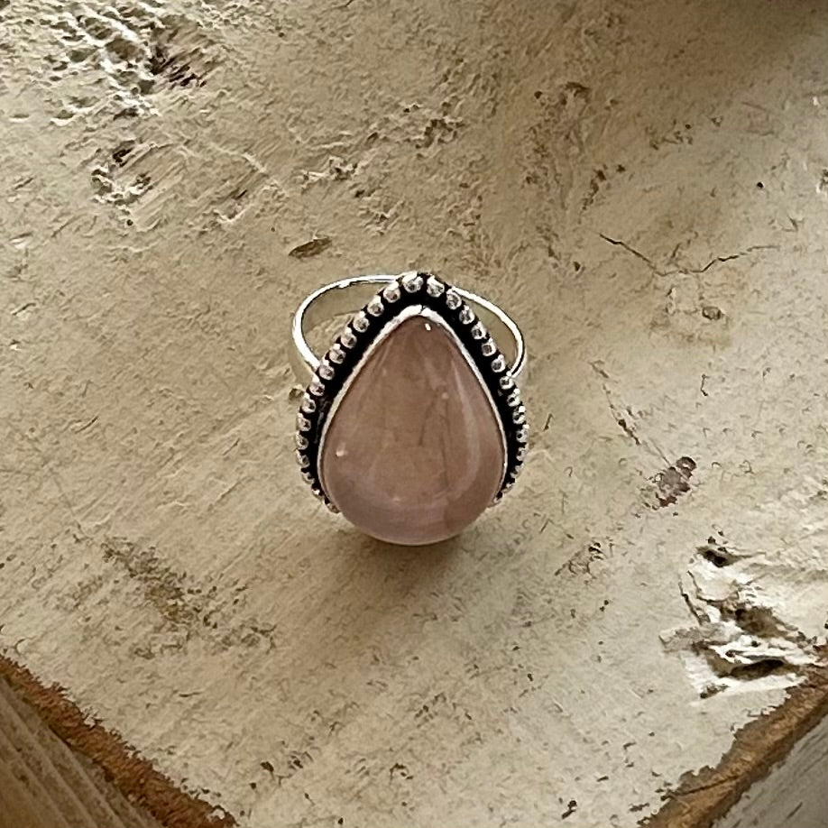 Oxidized Silver Teardrop Rose Quartz Ring